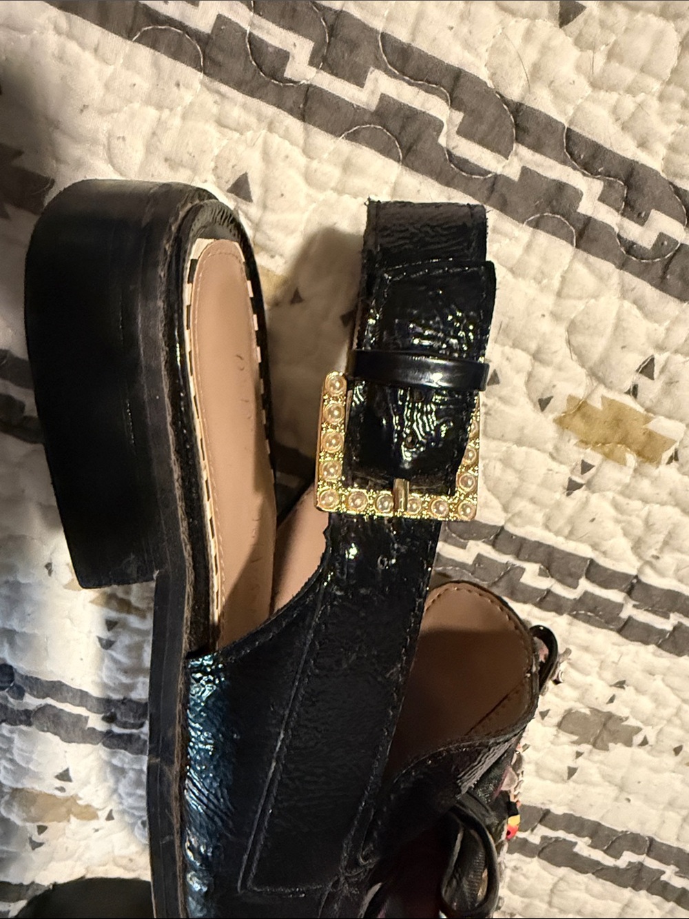 Betsy Johnson Black Patent Slingback Flats with Multicolor Floral Bow - Picture 4 of 6